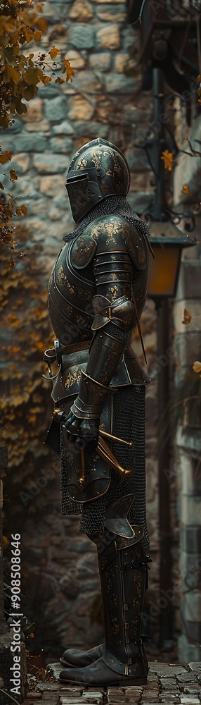 Medieval Knight, Suit of Armor, Wafting Fragrances of Incense and Leather, Standing Tall in a Medieval Castle Courtyard, Photography, Overcast, Vignette Medieval Knight, Suit of Armor, Wafting Fragrances of Incense and Leather, Standing Tall in a Medieval Castle Courtyard, Photography, Overcast, Vignette