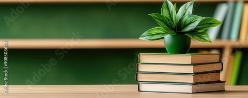 Bamboo bookshelf filled with eco-friendly books and decor, sustainable reading nook photo