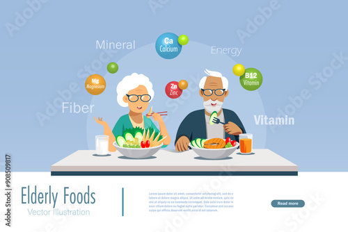 Senior couple eat healthy foods with proper nutrition for elderly. Daily nutrition, senior care, healthy aging concept. Vector.