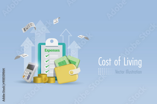Cost of living, inflation crisis. Growth graph with financial expenses list, money wallet and calculator. Family budget management. Vector. 