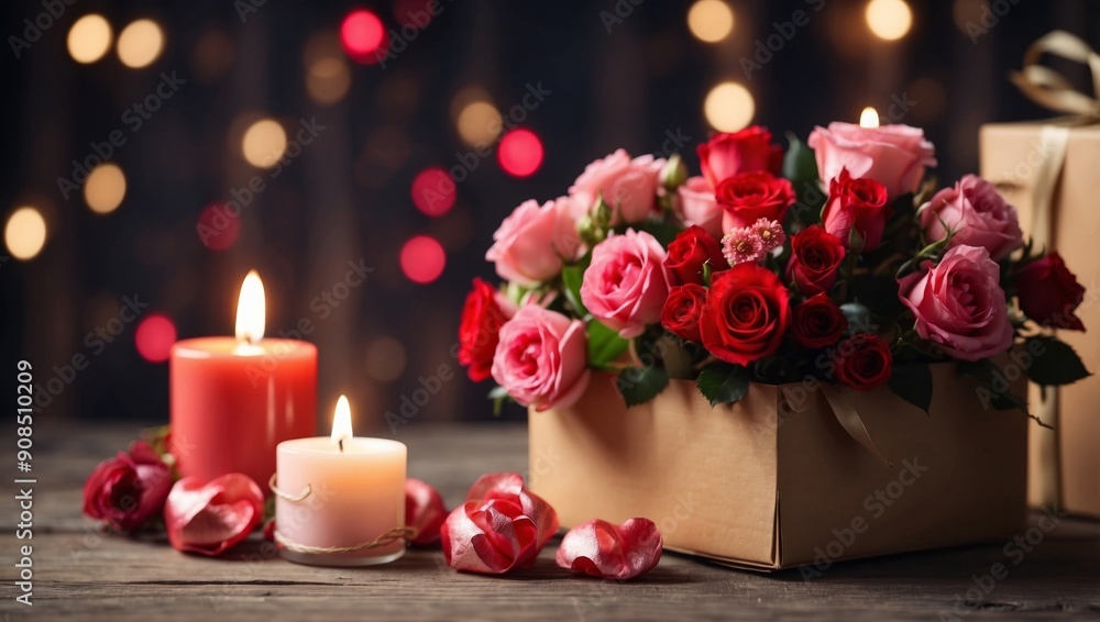 Obraz premium Valentine's day concept Bouquet of flowers, gift box and candles on wooden background.
