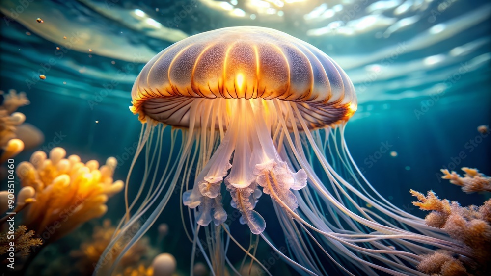 Close-up of a glowing jellyfish in the ocean. Close-up of a glowing jellyfish in the ocean.
