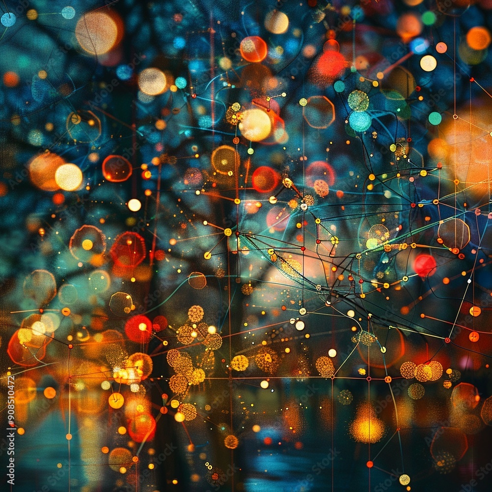 Connected Minds, Virtual Web, Data flowing in Colored Patterns, Collective Awakening, Cloudy Weather, Realistic Image, Golden Hour Lighting, Depth of Field Bokeh Effect Connected Minds, Virtual Web, Data flowing in Colored Patterns, Collective Awakening, Cloudy Weather, Realistic Image, Golden Hour Lighting, Depth of Field Bokeh Effect
