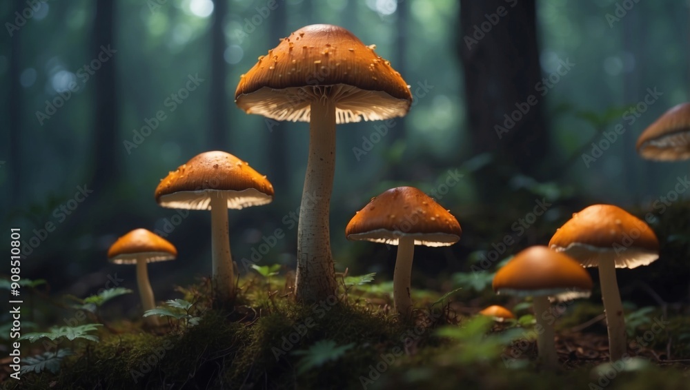 Fototapeta premium Perilous Beauty A Toxic Mushrooms Ghostly Glow in an Enchanted Hitech Forest.