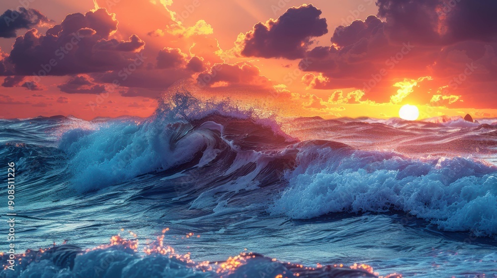 Fototapeta premium High Waves at Sunset over Sea