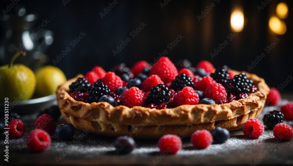 Rustic fruit galette pie with berries on the dark table. Rustic fruit galette pie with berries on the dark table.