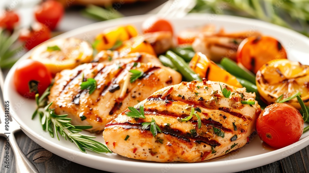 Grilled chicken breast with vegetables on a white plate. Grilled chicken breast with vegetables on a white plate.