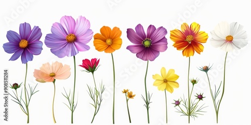 Collection of 2D and 3D Vector Flat Abstract Minimalistic Art of Flowers and Meadow Isolated on a White Background