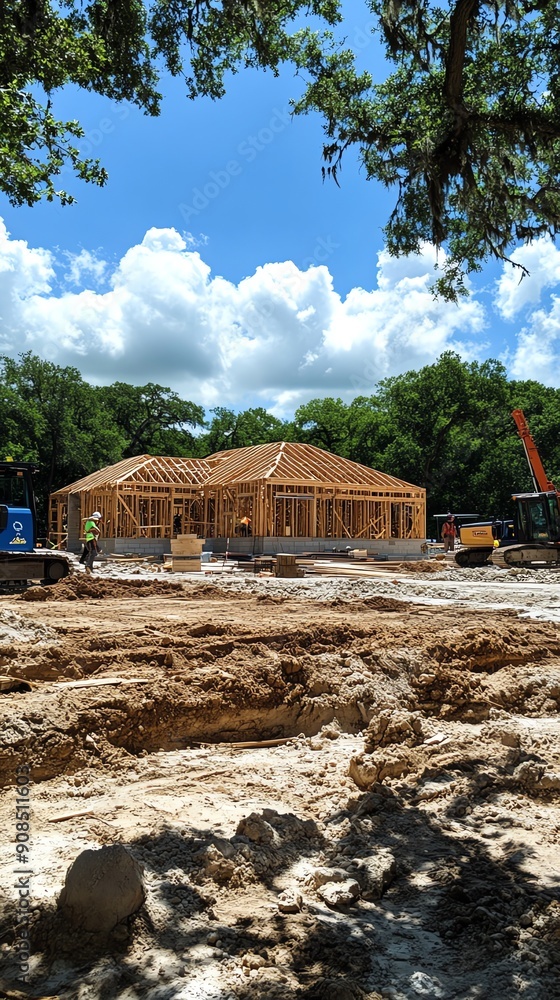 New home construction in progress under a blue sky. New home construction in progress under a blue sky.