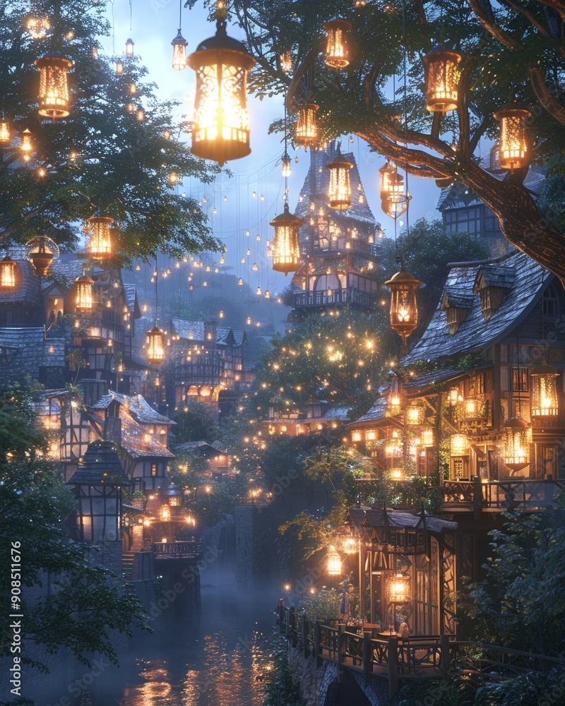 Floating Lanterns, Shimmery Threads, Illuminated Weavers, Innovative town center with eco-conscious design, Evening glow, 3D Render, Ambient lighting Floating Lanterns, Shimmery Threads, Illuminated Weavers, Innovative town center with eco-conscious design, Evening glow, 3D Render, Ambient lighting