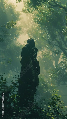 Forest Guardian, Ancient armor, Protector of nature, Lush enchanted forest, Misty morning, 3D render, Silhouette lighting, Chromatic Aberration