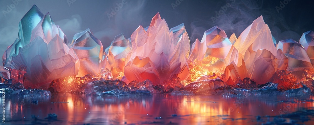 Fototapeta premium Holographic sculpture, futuristic, merging technology and nature from alternate dimensions 3D Render, iridescent lighting, Double Exposure