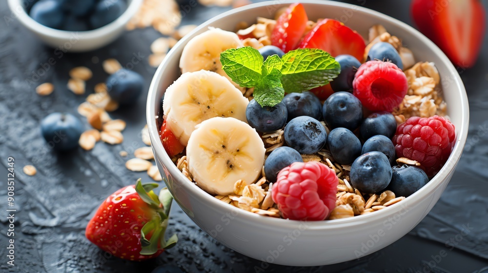 A bowl of granola with fruit, including blueberries, raspberries, and banana slices. A bowl of granola with fruit, including blueberries, raspberries, and banana slices.