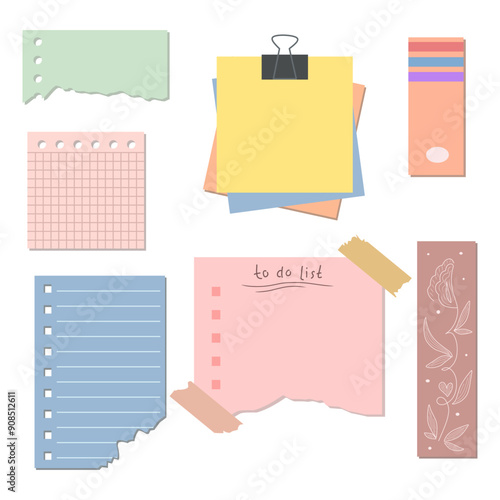 Blank notebook page template vector design. Sticky note, paper sheets with pin and torn paper for memo, reminder, to do list and information.	