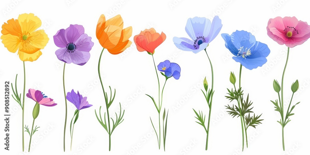 Obraz premium Collection of 2D and 3D Vector Flat Abstract Minimalistic Art of Flowers and Meadow Isolated on a White Background