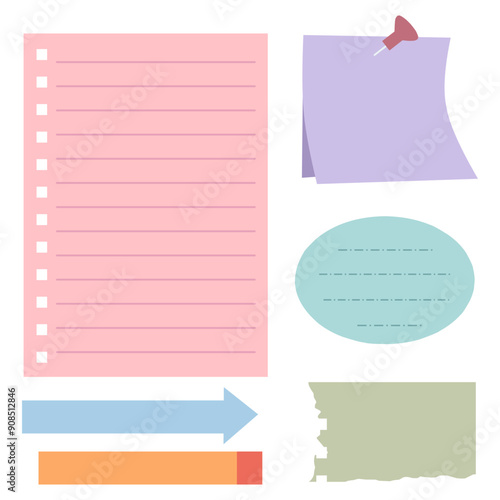 Blank notebook page template vector design. Sticky note, paper sheets with pin and torn paper for memo, reminder, to do list and information.	