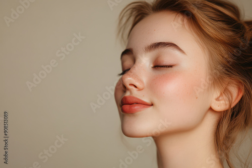 A close up of a girl's face with her eyes closed