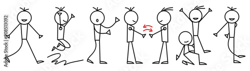 Set of different poses of stickman. cartoon hand drawn of human figure suitable for pictogram.