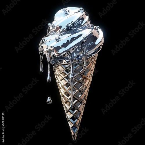 Surreal metallic ice cream sculpture with glossy reflective surface on black background
