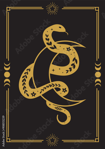 Boho mystical poster with snake and crescent moon with floral elements in trendy bohemian occult style. Black and gold colors. Can be used in poster art, tattoo art, t-shirt prints.