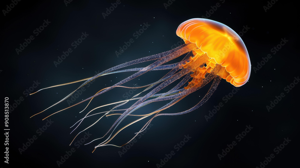 Fototapeta premium Vibrant jellyfish illustration, beautifully rendered in 3D, showcasing intricate details against a neutral background.