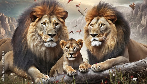 lion and lioness, leo, Male and Female Lions, leos lying down together with gray and flying birds background, Close up Young lion and lionesses scan the scenic