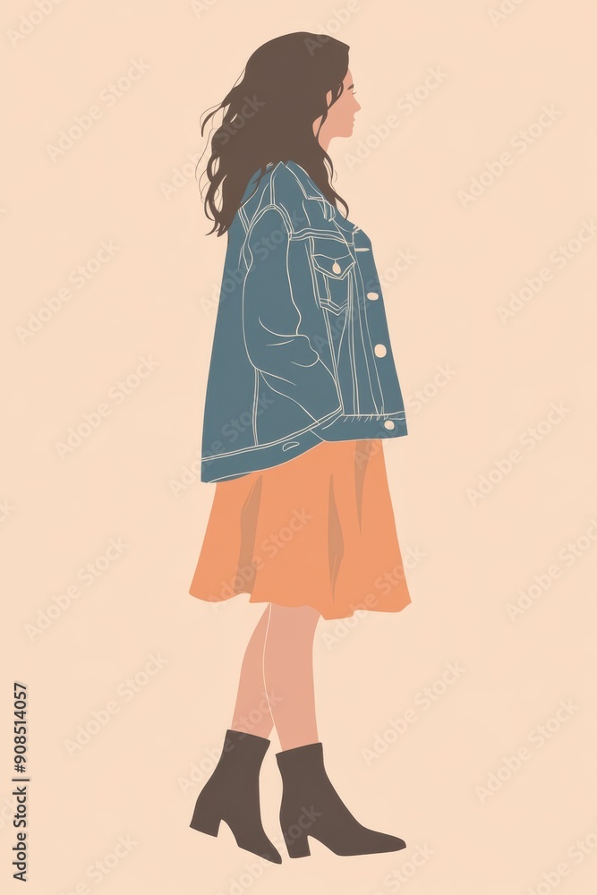 Minimalism illustration, a European woman, wearing a casual dress with a denim jacket and ankle boots, standing with a friendly smile, casual fashion, boho, flat illustration on soft peach background Minimalism illustration, a European woman, wearing a casual dress with a denim jacket and ankle boots, standing with a friendly smile, casual fashion, boho, flat illustration on soft peach background