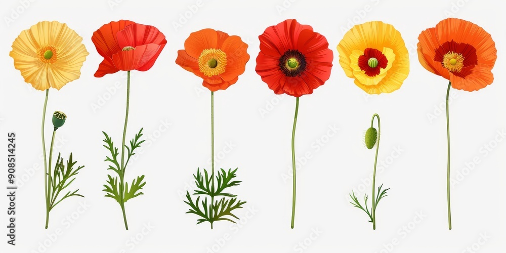 Fototapeta premium Collection of 2D and 3D Vector Flat Abstract Minimalistic Art of Flowers and Meadow Isolated on a White Background