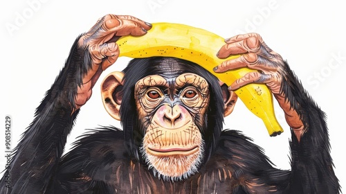 A playful chimpanzee joyfully holds a banana above its head in this charming watercolor illustration. photo