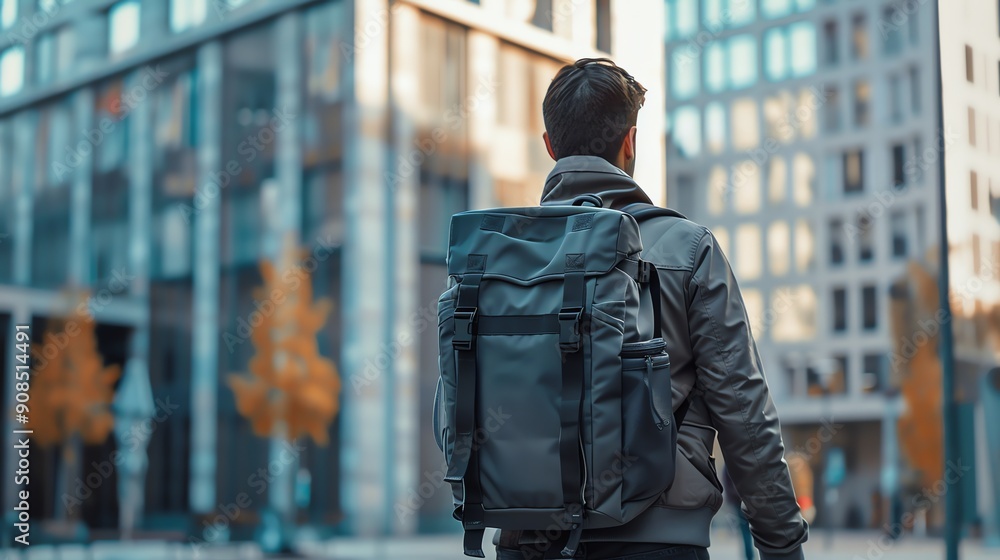 A man with a backpack walks away from the camera toward a city street. A man with a backpack walks away from the camera toward a city street.