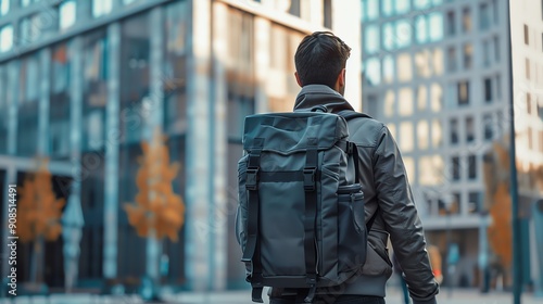 A man with a backpack walks away from the camera toward a city street.