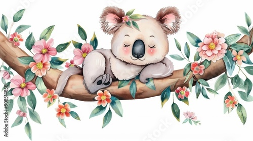 A tranquil watercolor of a koala nestled in a eucalyptus, embodying the peaceful essence of natures beauty. photo