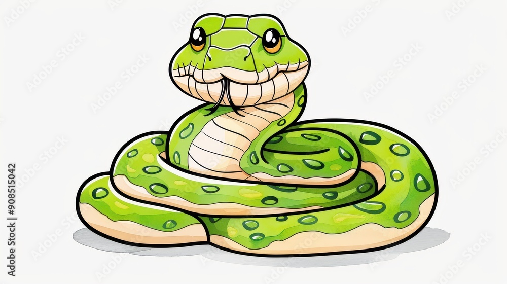 Delight in this whimsical green snake cartoon, a playful and cute animal captured in vibrant watercolor illustrations Delight in this whimsical green snake cartoon, a playful and cute animal captured in vibrant watercolor illustrations