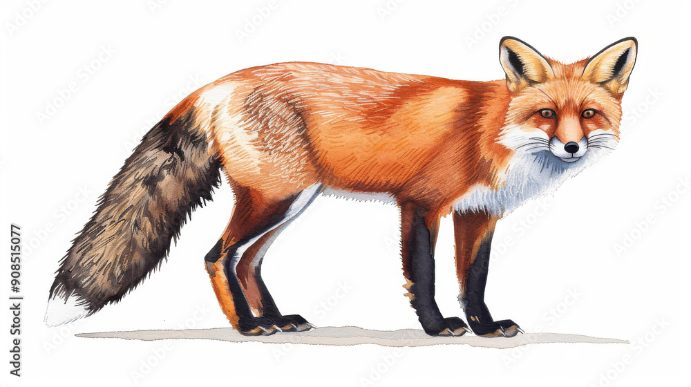 Fototapeta premium A stunning watercolor artwork featuring a sly fox, showcasing its vibrant fur and playful spirit in nature.