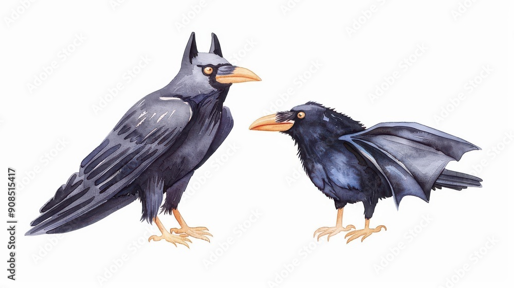 Fototapeta premium Spooky Halloween postcard featuring a vibrant bat and raven watercolor illustration, perfect for festive greeting cards.