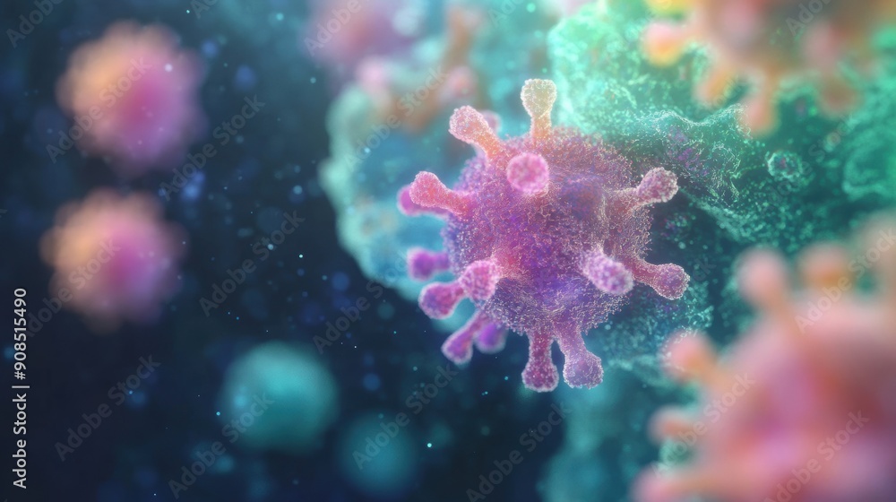 Colorful abstract virus cells interact with each other under a microscope, revealing intricate structures and behaviors