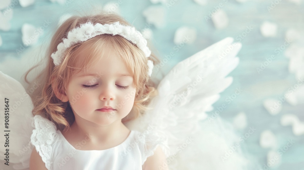 A young girl with angel wings peacefully rests on a cloud covered in delicate white petals A young girl with angel wings peacefully rests on a cloud covered in delicate white petals
