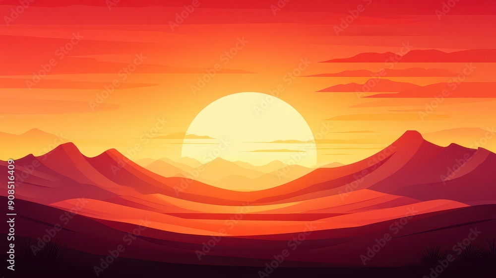 Experience the vibrant hues of a desert sunset, where fiery reds and oranges blend in a modern, textured flat illustration. Experience the vibrant hues of a desert sunset, where fiery reds and oranges blend in a modern, textured flat illustration.