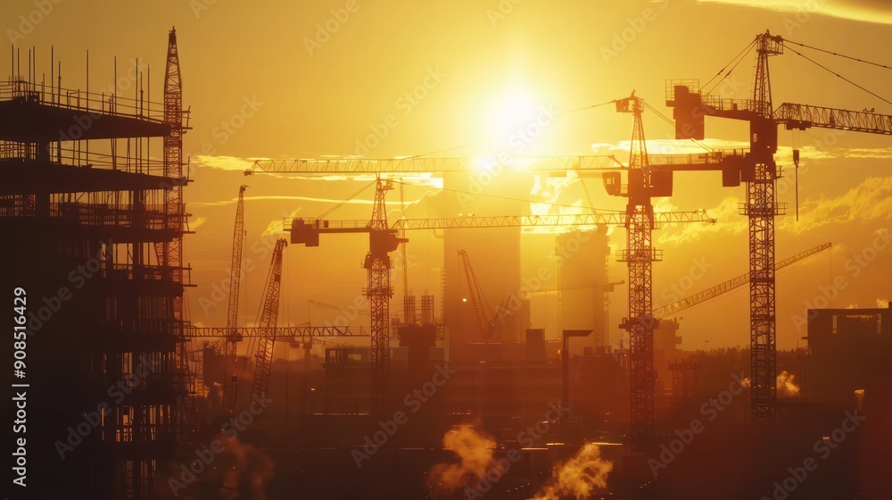 Fototapeta premium Tower cranes at a construction site during the evening sunset. 