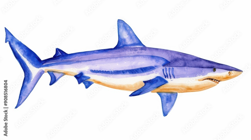 A vibrant watercolor sketch of a fierce shark, capturing its powerful form and fluid movement through the ocean. A vibrant watercolor sketch of a fierce shark, capturing its powerful form and fluid movement through the ocean.