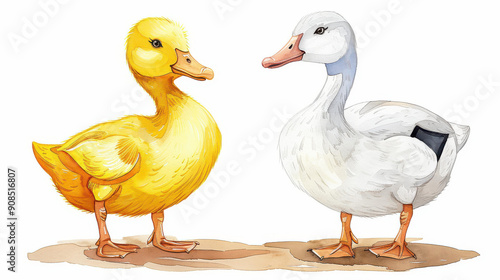 A charming watercolor artwork featuring a playful yellow duckling a graceful white goose on a crisp white background.