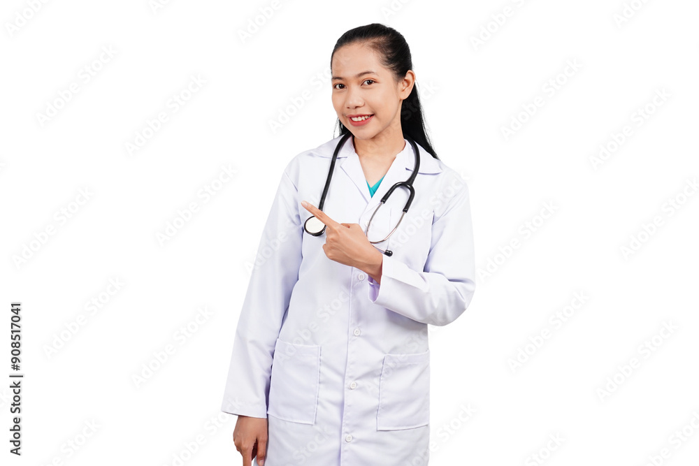 Female doctor pointing isolated transparent Female doctor pointing isolated transparent