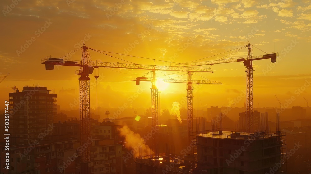Tower cranes at a construction site during the evening sunset.
Tower cranes at a construction site during the evening sunset.