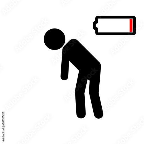 Tired person icon, stress fatigue or exhaustion, lack battery energy, low charge, burnout workplace.