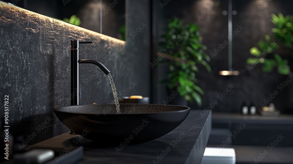 Black Bathroom Sink With Running Water And Green Plant Decoration Black Bathroom Sink With Running Water And Green Plant Decoration