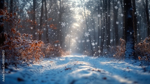 Serene Winter Forest Path with Falling Snowflakes in Early Morning Light photo