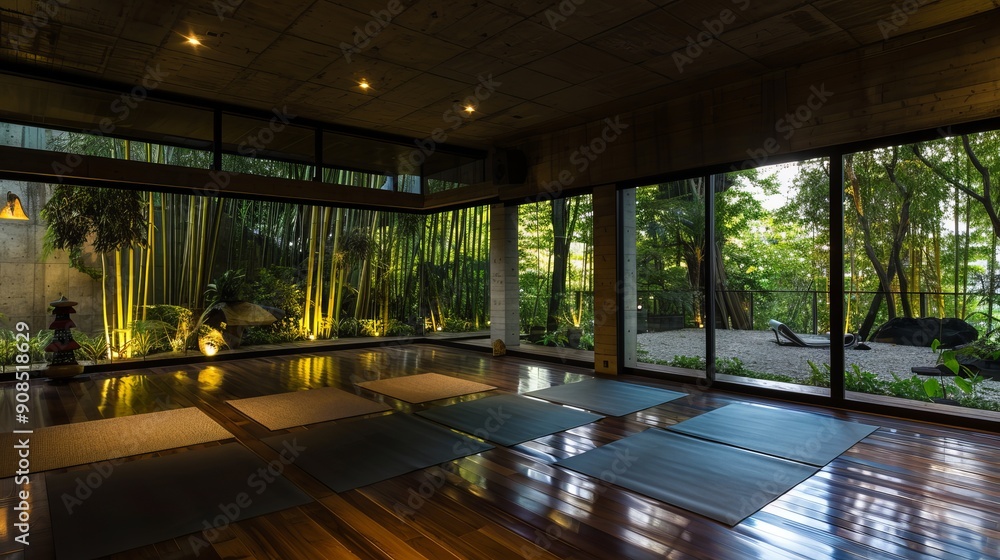 Fototapeta premium Tranquil Evening Yoga Room Overlooking Illuminated Bamboo Garden