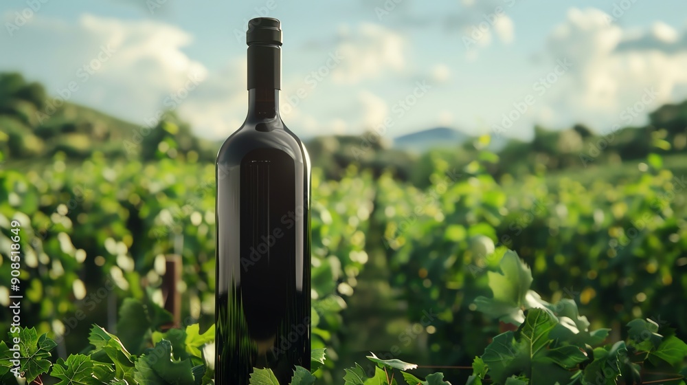 Fototapeta premium A bottle of wine sitting in a vineyard.