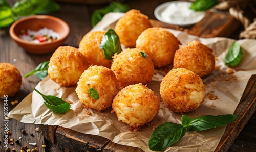 Deep fried arancini balls on rustic background - traditional Italian cuisine. Stuffed rice balls. photo