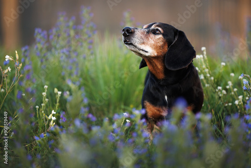 old dachshund dog standing on a summer meadow with blooming flowers
